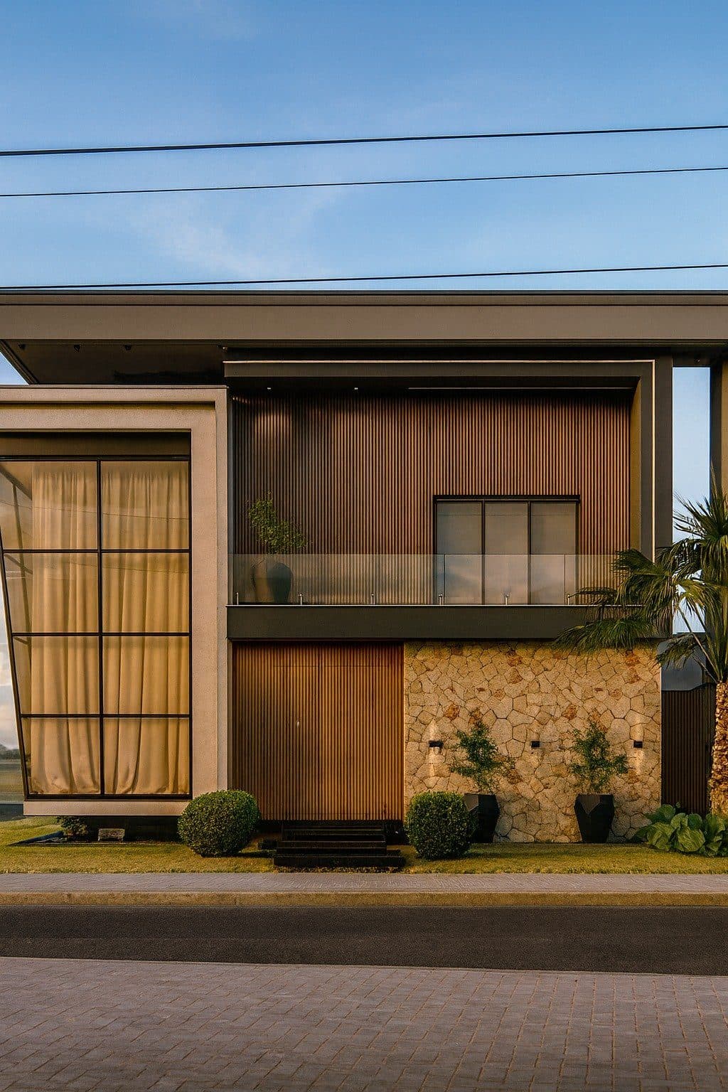 Fachada frontal com varanda e guarda-corpo de vidro